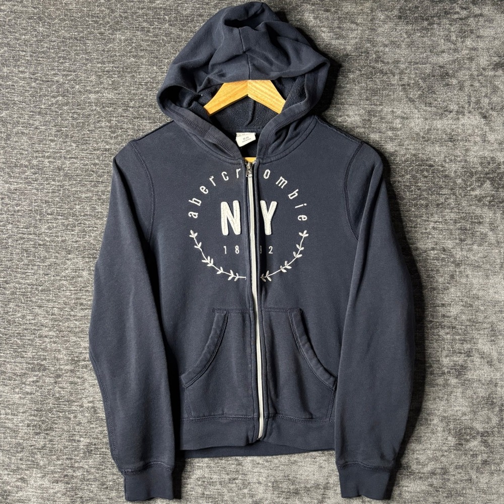 Y2K Abercrombie Kids XL 16 Navy Blue Full Zip Hoodie NY 1892 Graphic Sweatshirt